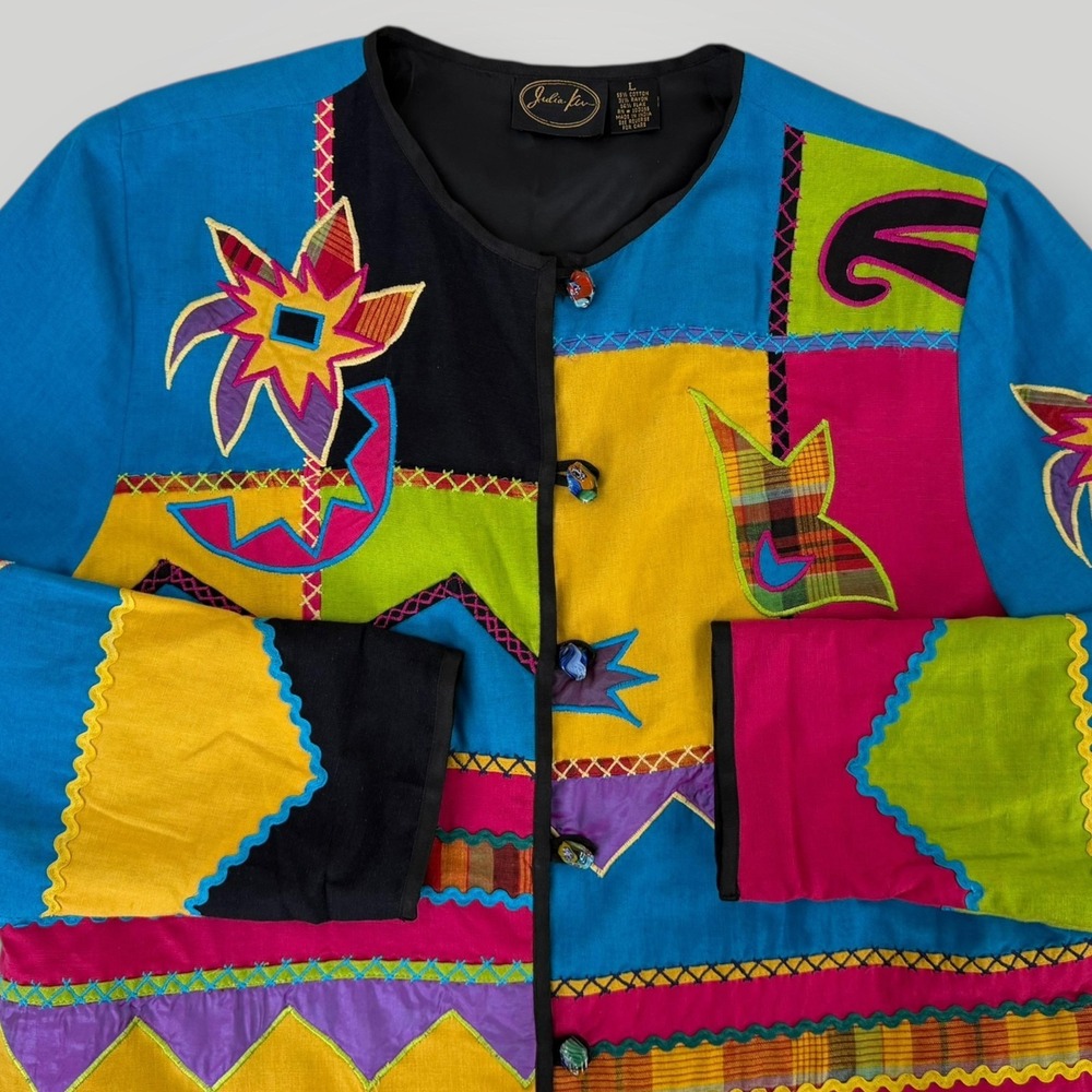 Julia Kim Jacket Womens L Multicolor Embroidered Patchwork Unique Button Front - Picture 4 of 7